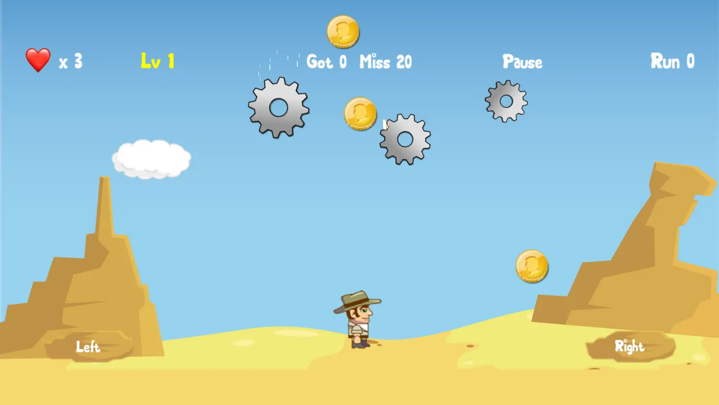 Level 1, desert, coins falling over the dunes